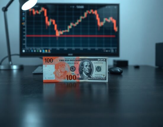 Chinese Yuan and US Dollar banknotes on a desk with a financial chart in the background