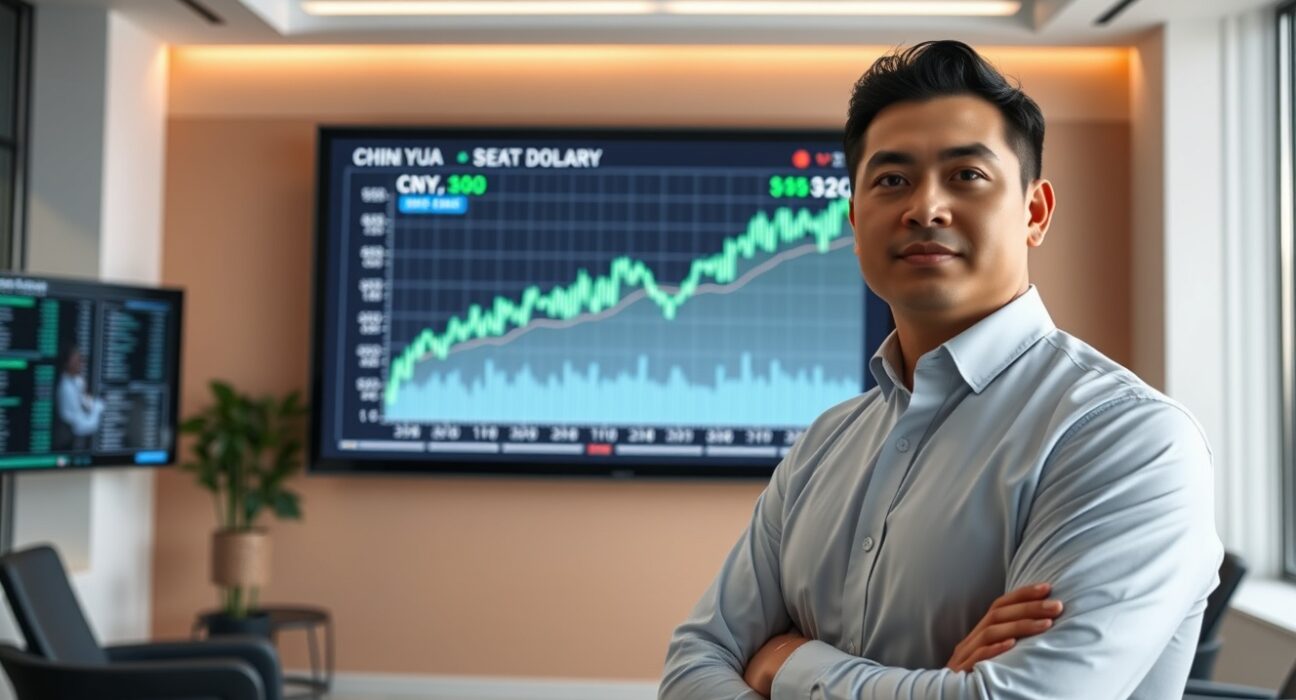 Financial analyst reviewing Chinese Yuan chart in modern newsroom with digital display