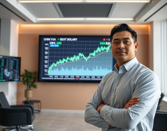 Financial analyst reviewing Chinese Yuan chart in modern newsroom with digital display