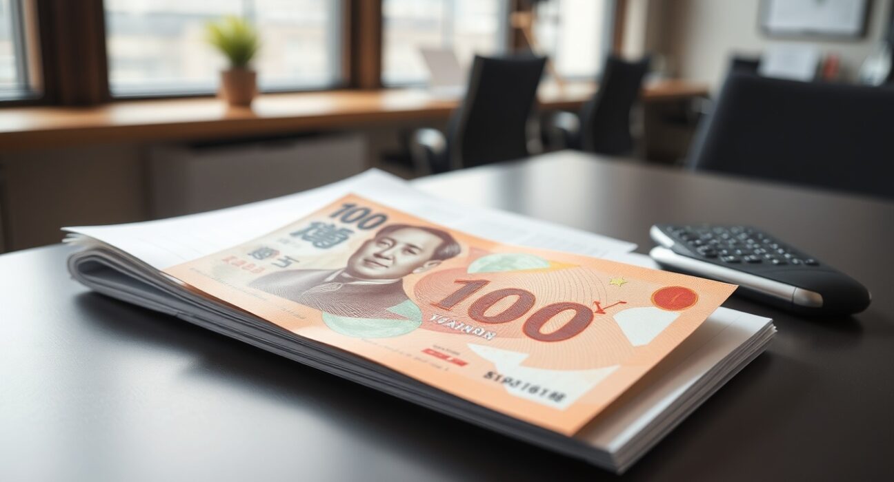 Chinese Yuan banknote with economic chart on a desk, representing currency gains and PMI data