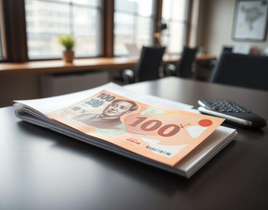 Chinese Yuan banknote with economic chart on a desk, representing currency gains and PMI data