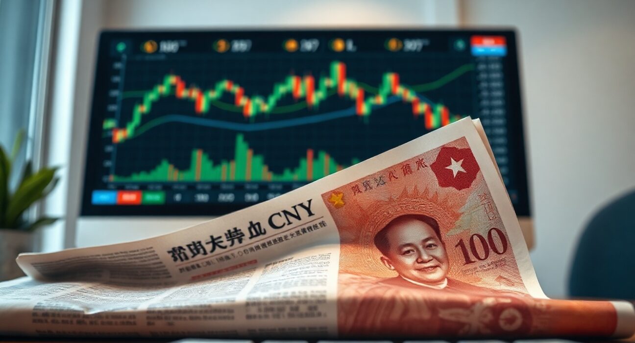 Chinese yuan banknote and financial chart on a trading desk, representing FX market analysis.