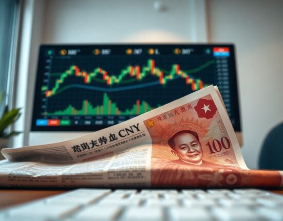 Chinese yuan banknote and financial chart on a trading desk, representing FX market analysis.