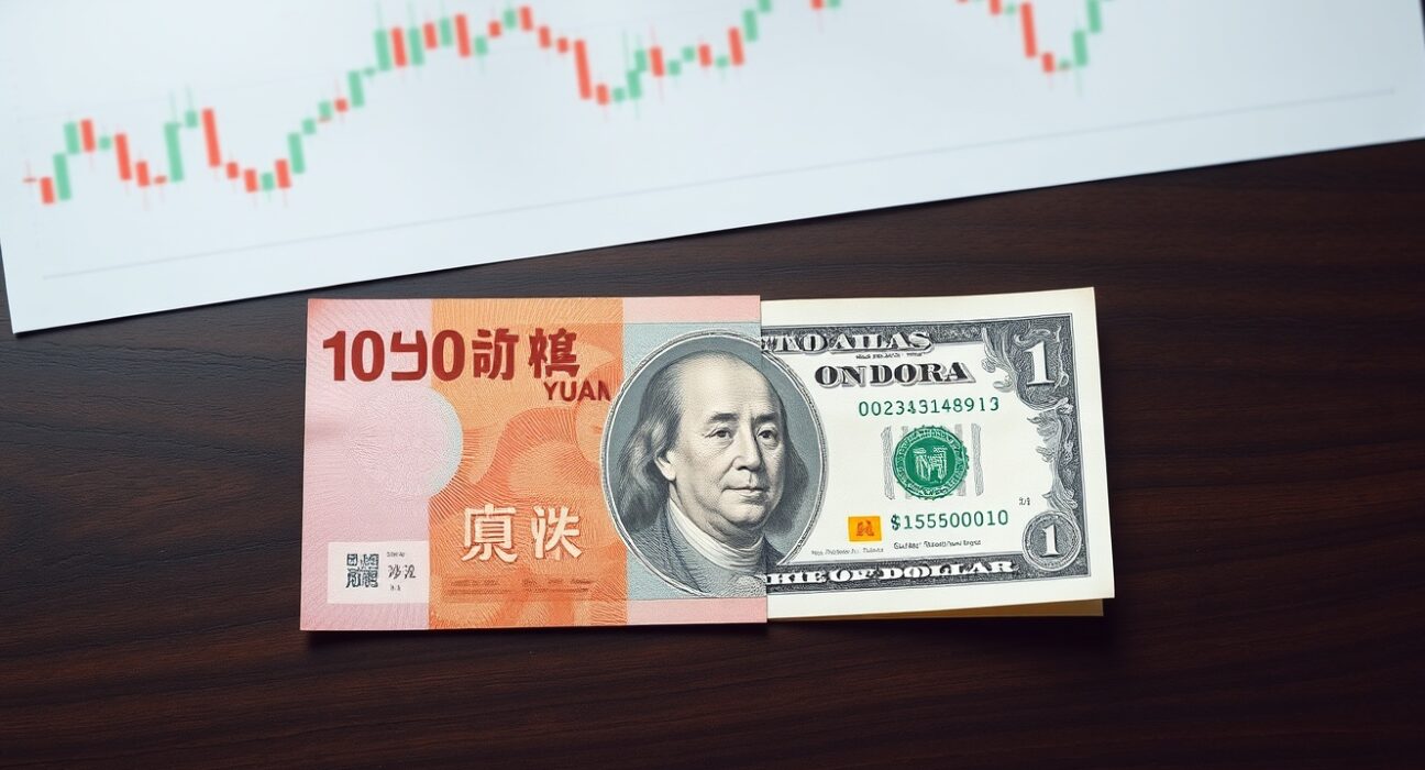 Chinese yuan and US dollar banknotes on desk with financial chart background representing forex analysis