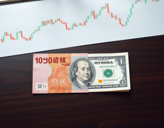 Chinese yuan and US dollar banknotes on desk with financial chart background representing forex analysis
