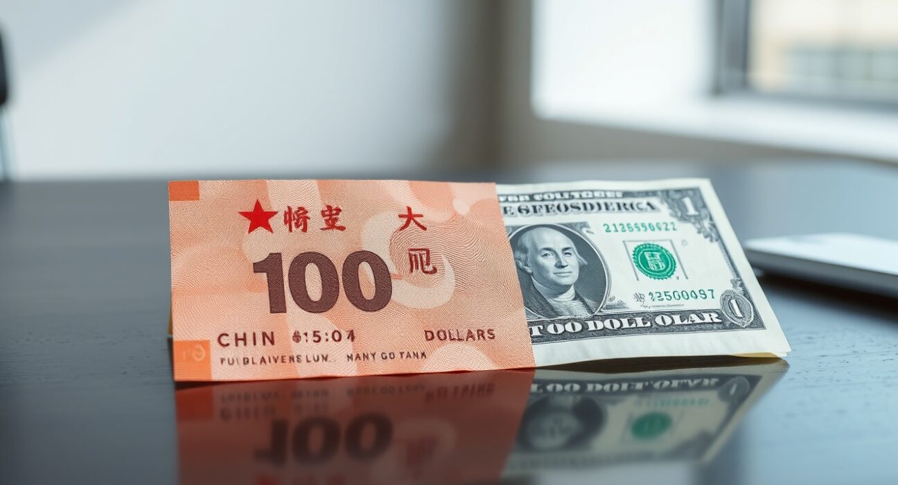 Chinese Yuan and US Dollar banknotes on a desk representing currency market analysis.