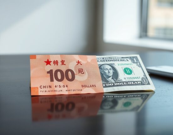 Chinese Yuan and US Dollar banknotes on a desk representing currency market analysis.