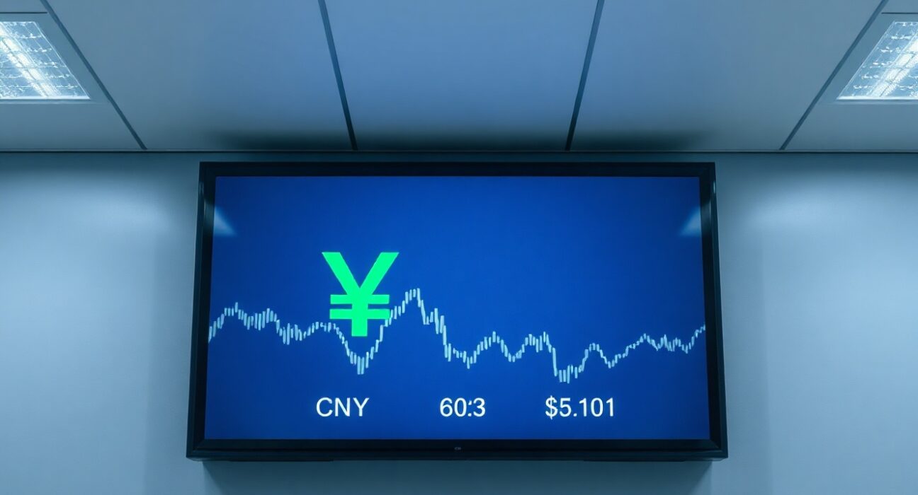 Digital display showing Chinese yuan exchange rate against US dollar on a trading floor.