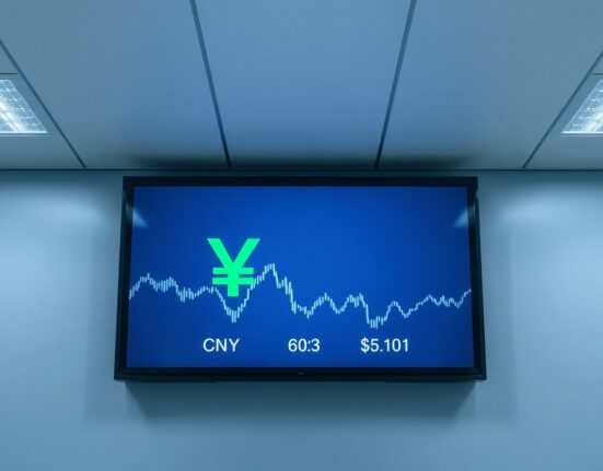 Digital display showing Chinese yuan exchange rate against US dollar on a trading floor.