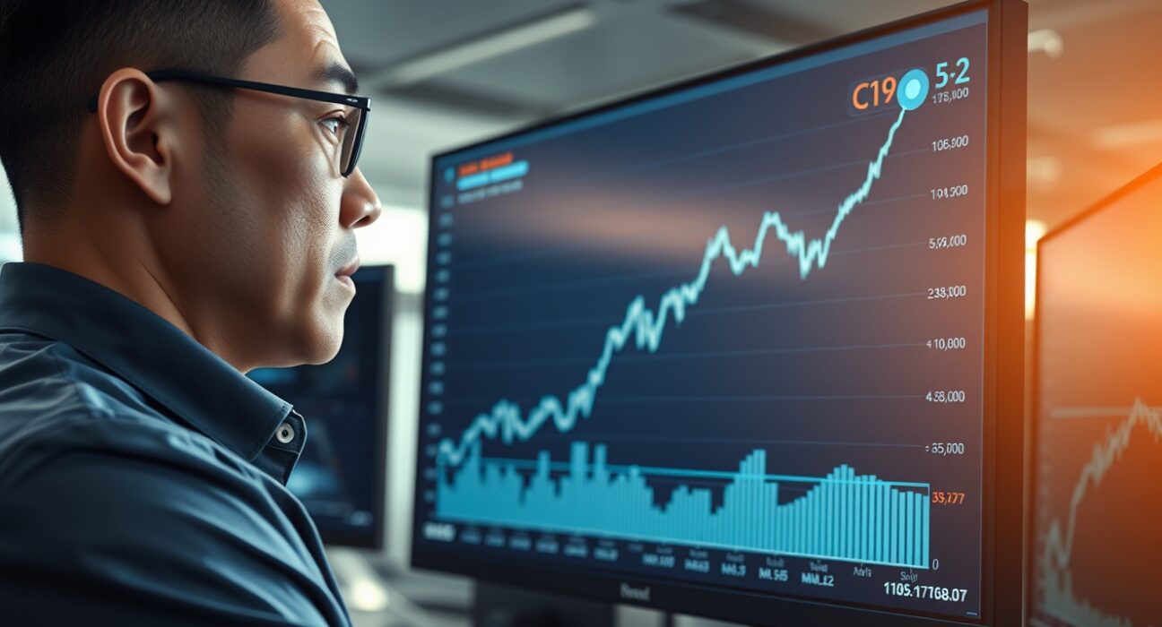 Financial analyst reviews CNY/USD exchange rate chart showing gradual appreciation trend.