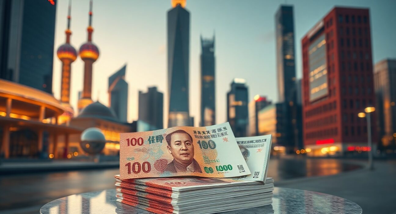 Shanghai skyline at dusk with Chinese yuan banknotes in foreground, representing global currency trends