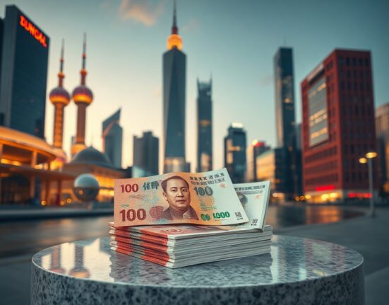 Shanghai skyline at dusk with Chinese yuan banknotes in foreground, representing global currency trends