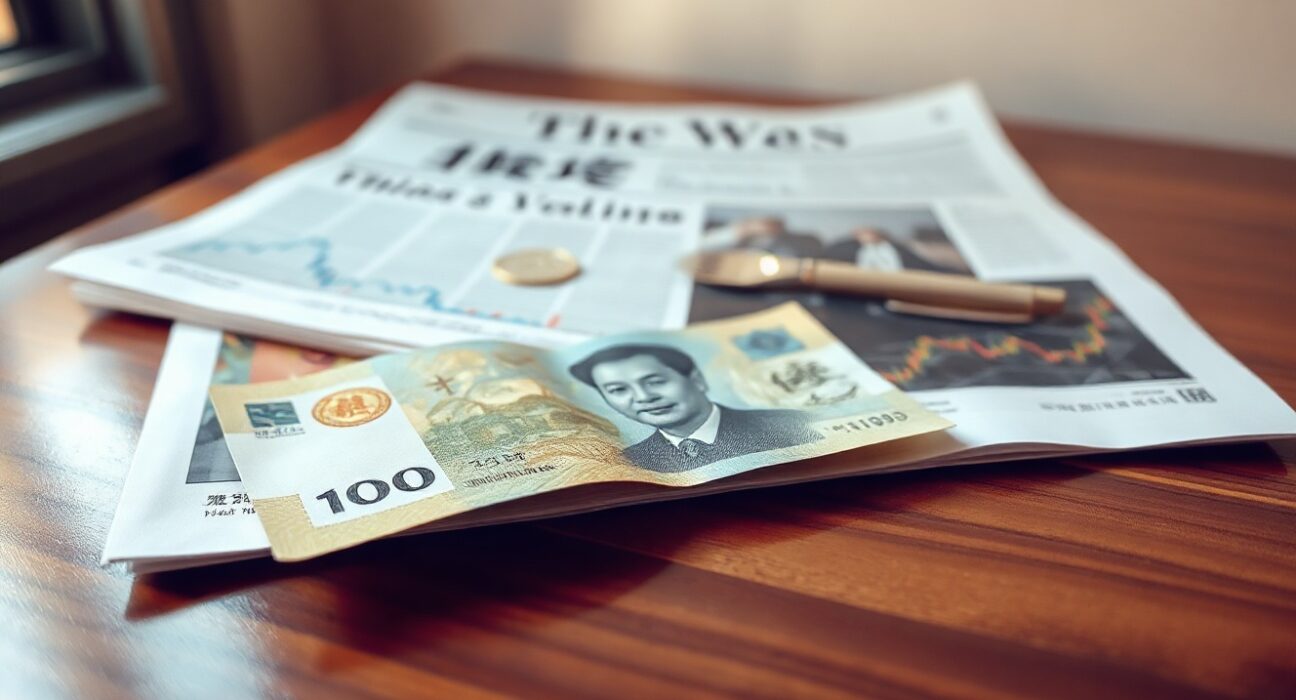 Chinese yuan banknote on desk with financial newspaper and graph in background