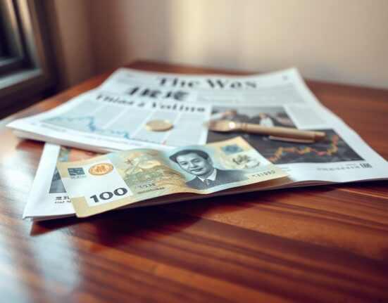 Chinese yuan banknote on desk with financial newspaper and graph in background