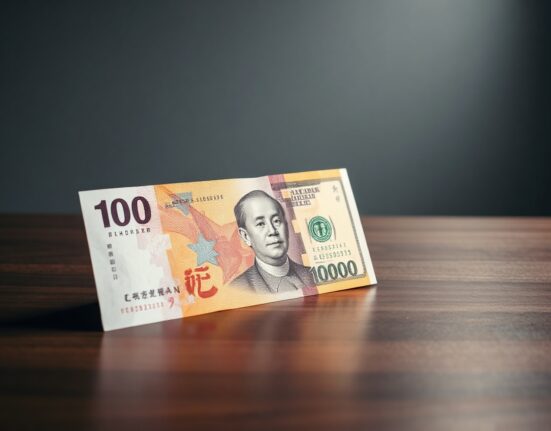 Chinese yuan and US dollar banknotes on a desk, representing currency exchange analysis.