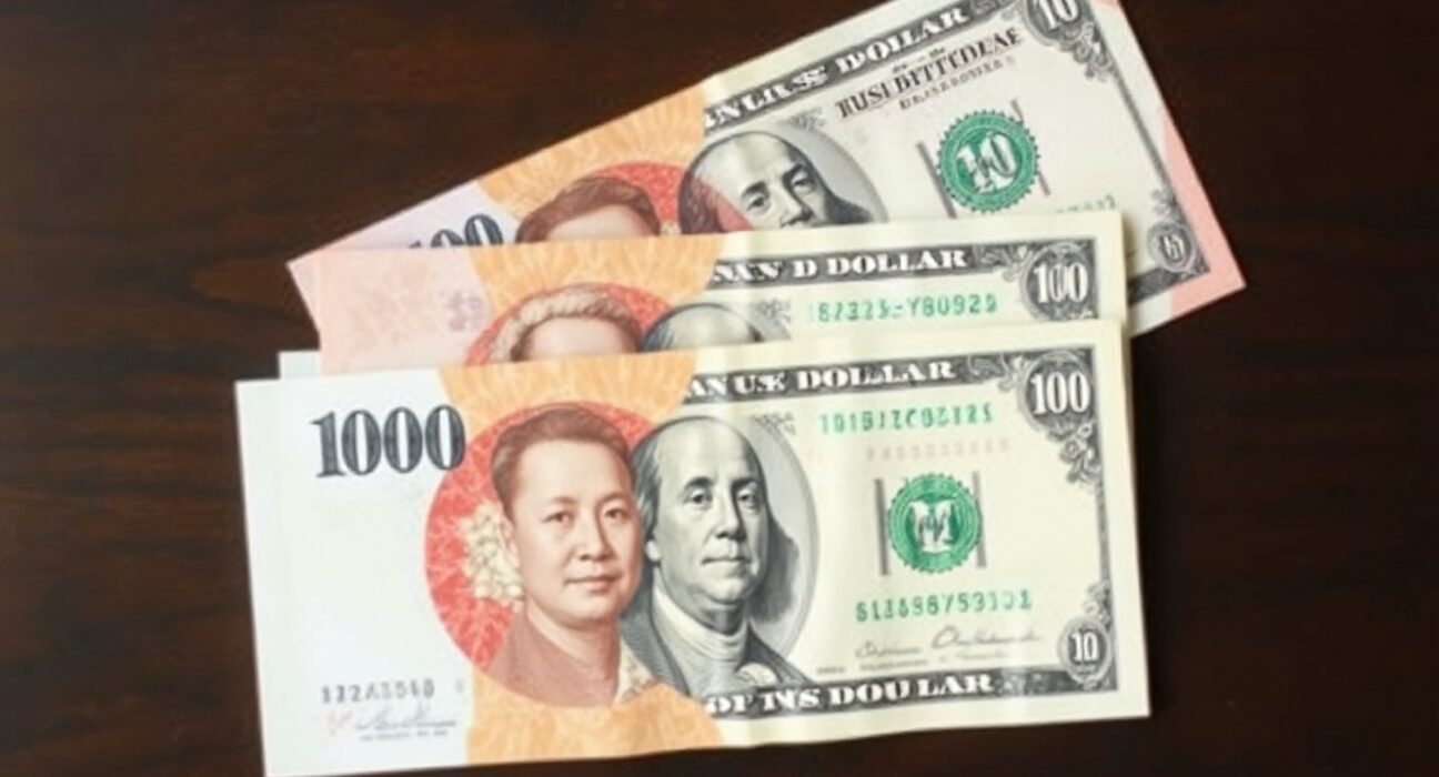 Chinese yuan and US dollar banknotes on a wooden surface representing forex market analysis