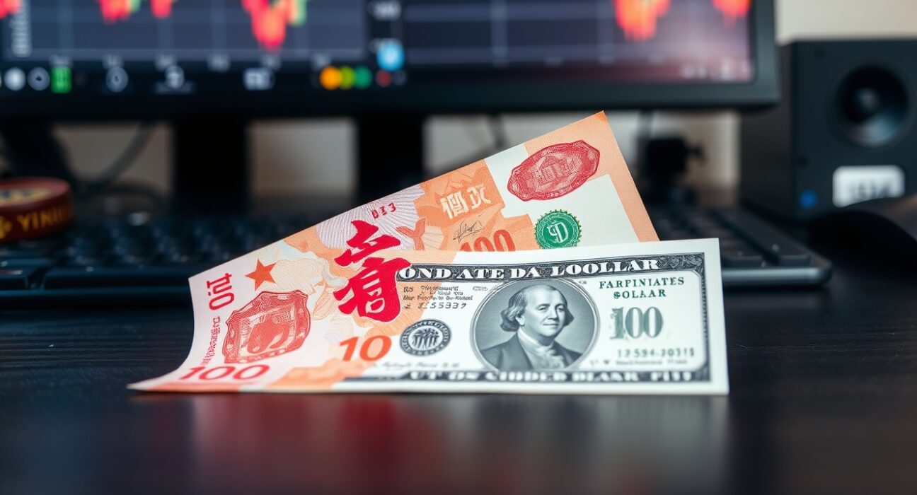 Chinese yuan and US dollar banknotes on a desk with a forex chart in the background.