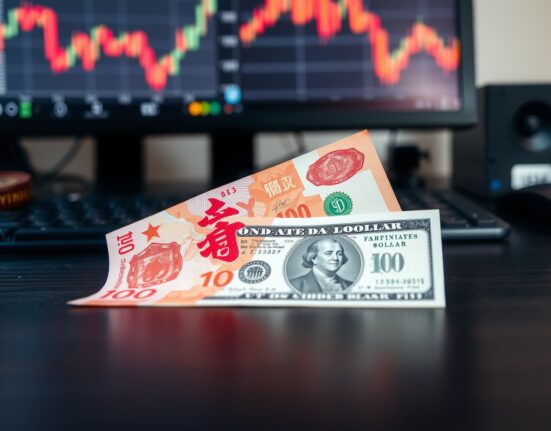 Chinese yuan and US dollar banknotes on a desk with a forex chart in the background.