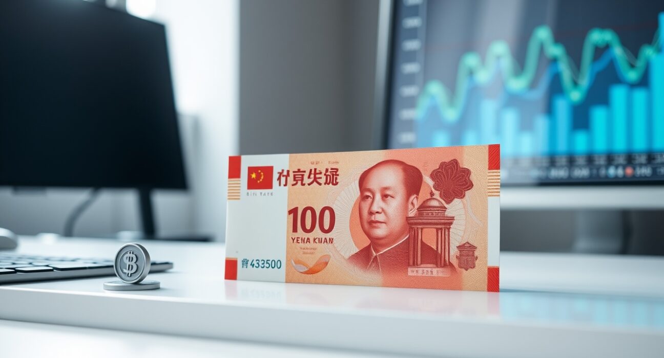 Close-up of a Chinese 100 yuan banknote on a desk with a blurred financial chart in the background