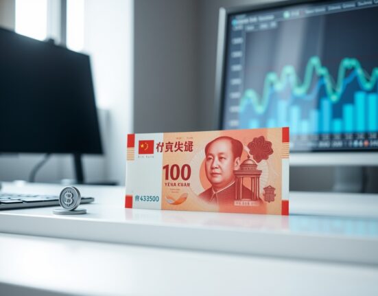 Close-up of a Chinese 100 yuan banknote on a desk with a blurred financial chart in the background