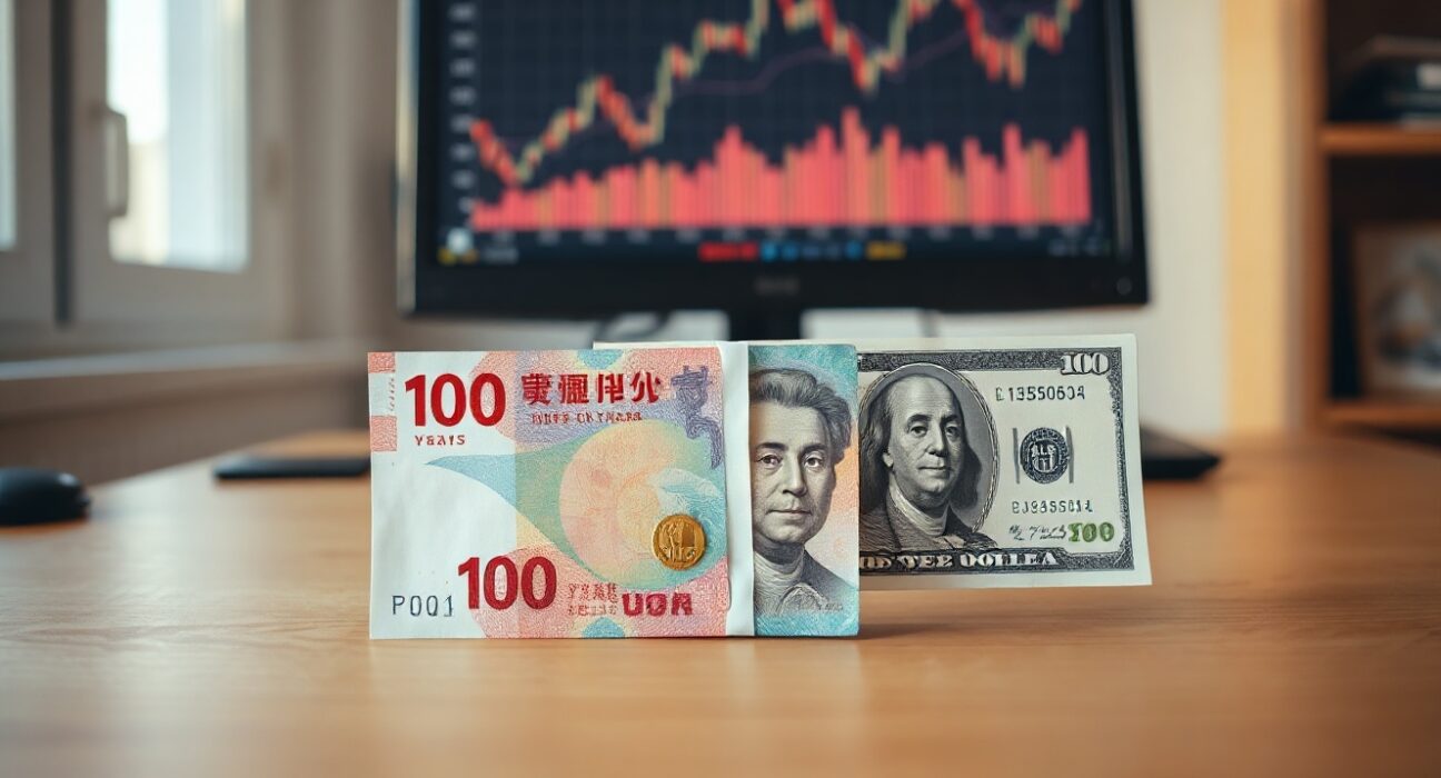 Chinese yuan and US dollar banknotes on a desk with a computer monitor showing exchange rate chart in the background