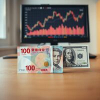 Chinese yuan and US dollar banknotes on a desk with a computer monitor showing exchange rate chart in the background