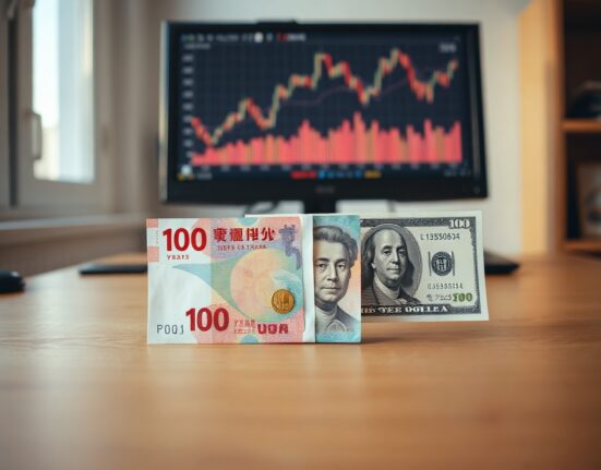 Chinese yuan and US dollar banknotes on a desk with a computer monitor showing exchange rate chart in the background