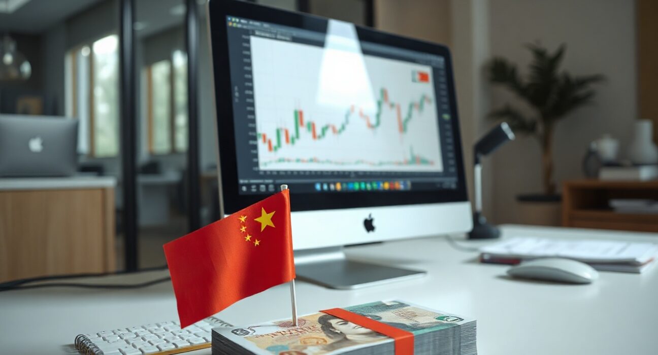 Analyst desk with Chinese yuan banknotes and chart on screen
