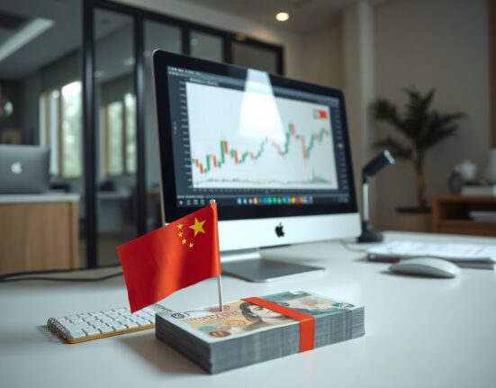 Analyst desk with Chinese yuan banknotes and chart on screen