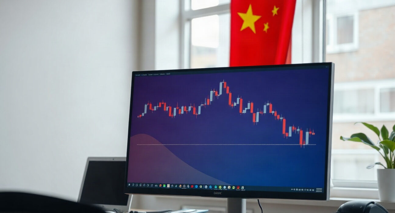 Analyst monitoring yuan exchange rate charts on a computer screen in a modern office.