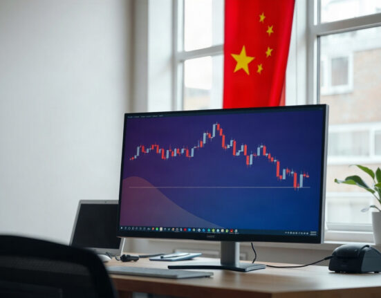 Analyst monitoring yuan exchange rate charts on a computer screen in a modern office.