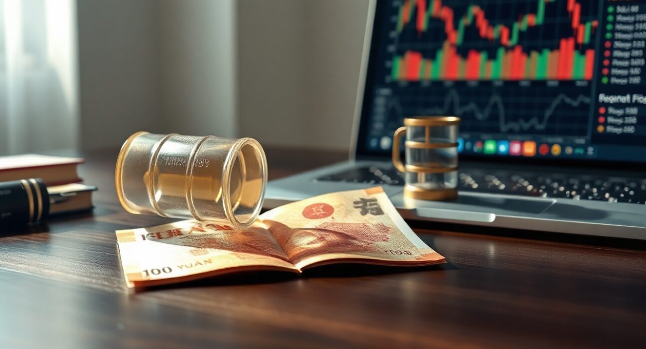 Chinese Yuan banknote and oil barrel on desk with laptop showing currency chart, representing oil shock impact on Yuan.