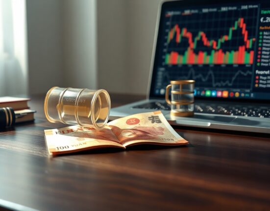 Chinese Yuan banknote and oil barrel on desk with laptop showing currency chart, representing oil shock impact on Yuan.
