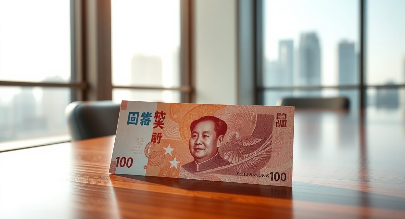 Chinese yuan banknote on desk with blurred financial district background