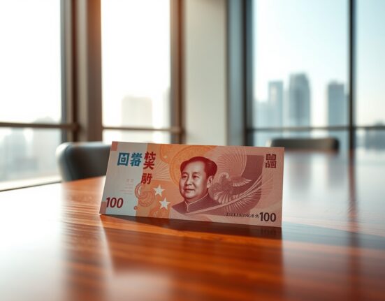 Chinese yuan banknote on desk with blurred financial district background
