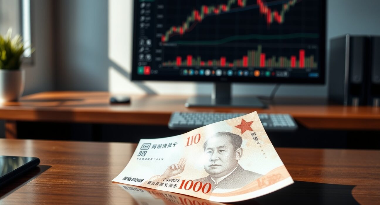 Chinese yuan banknote on desk with financial charts in background, representing currency defense and stimulus speculation.