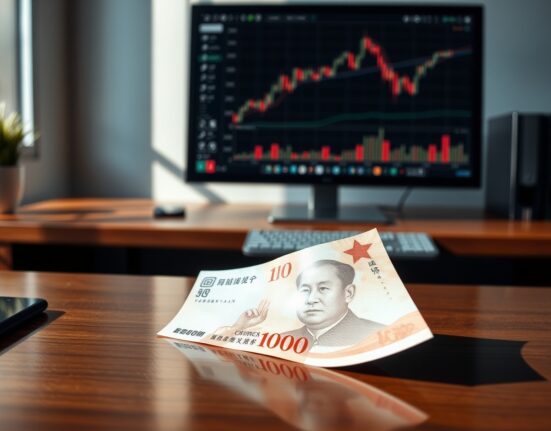 Chinese yuan banknote on desk with financial charts in background, representing currency defense and stimulus speculation.
