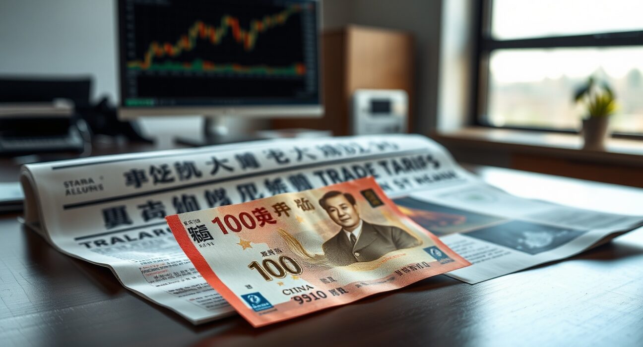 Chinese Yuan banknote and financial newspaper on a desk, representing currency analysis and trade risk.
