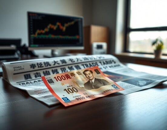 Chinese Yuan banknote and financial newspaper on a desk, representing currency analysis and trade risk.