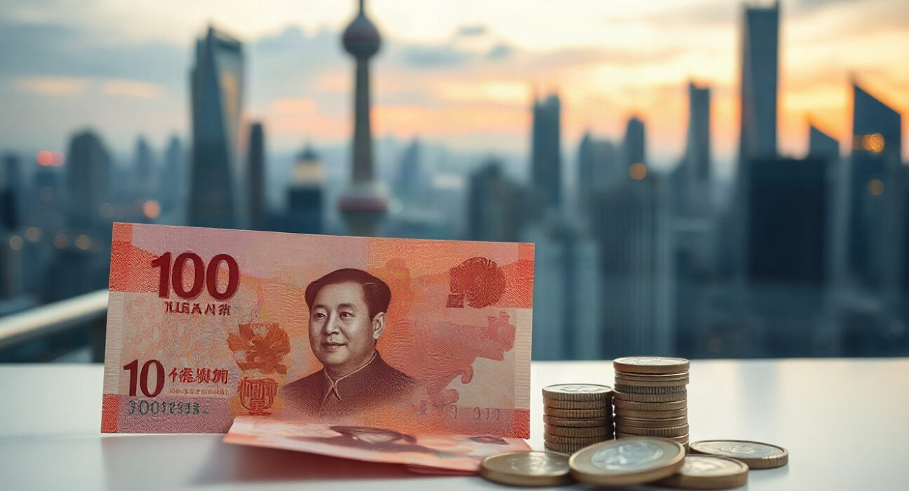 Chinese yuan banknotes and coins on a desk with a financial district skyline in the background