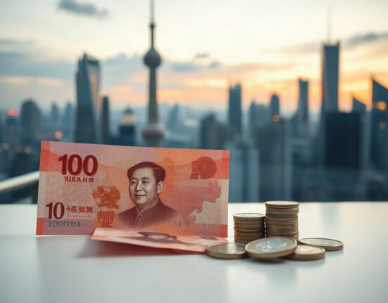Chinese yuan banknotes and coins on a desk with a financial district skyline in the background