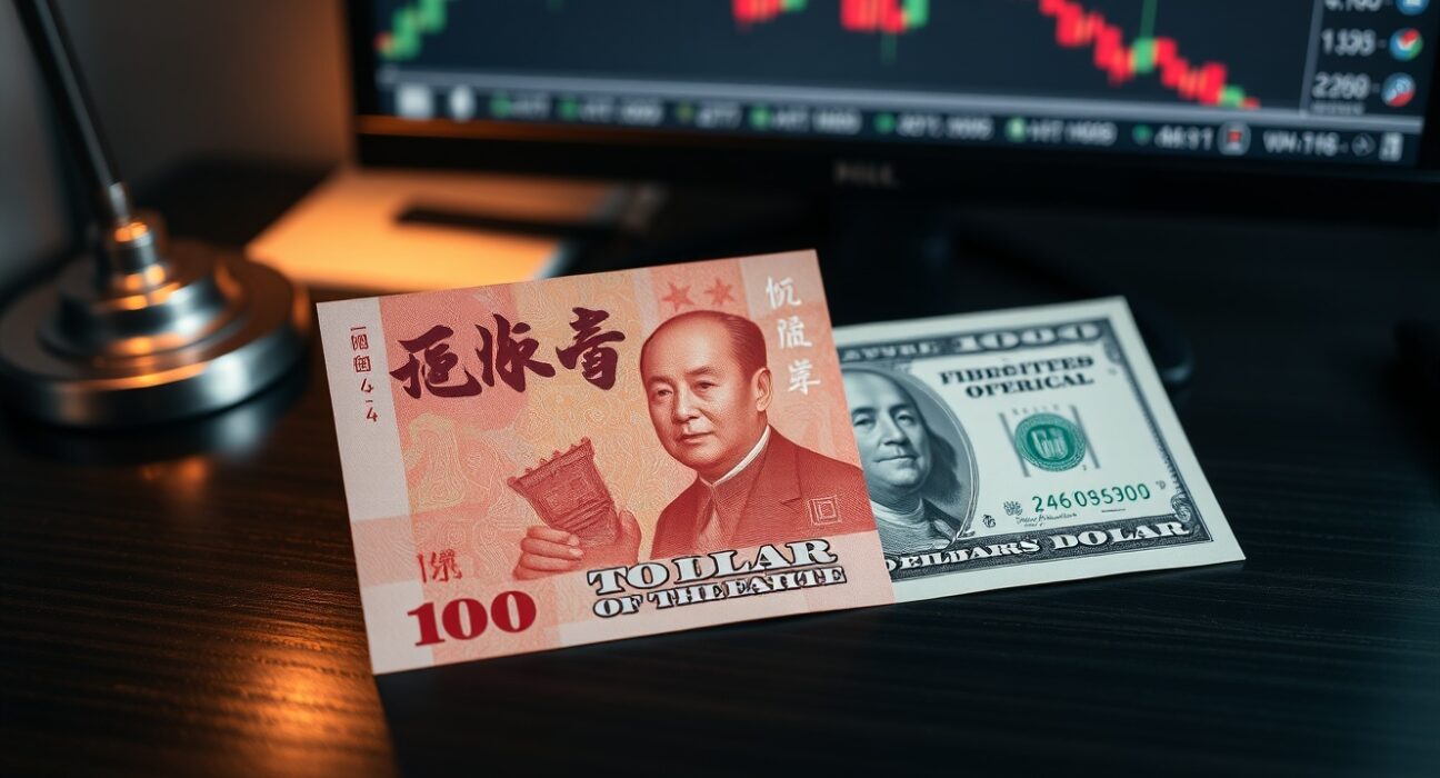 Chinese yuan and US dollar banknotes on a desk with a financial chart in the background.