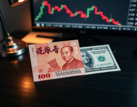 Chinese yuan and US dollar banknotes on a desk with a financial chart in the background.
