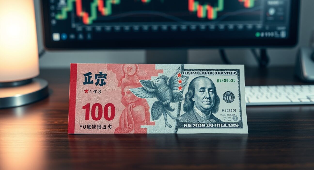Chinese yuan and US dollar banknotes on a desk with a blurred chart background, representing forex analysis.