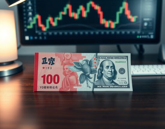 Chinese yuan and US dollar banknotes on a desk with a blurred chart background, representing forex analysis.