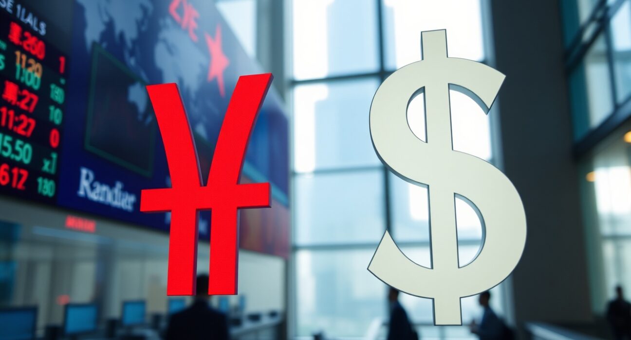 Chinese yuan and US dollar symbols on a trading screen in a financial district