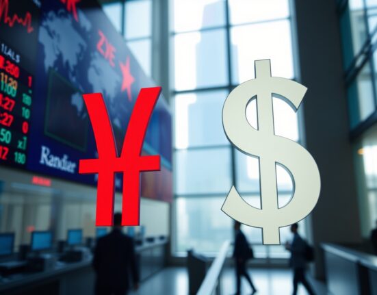 Chinese yuan and US dollar symbols on a trading screen in a financial district