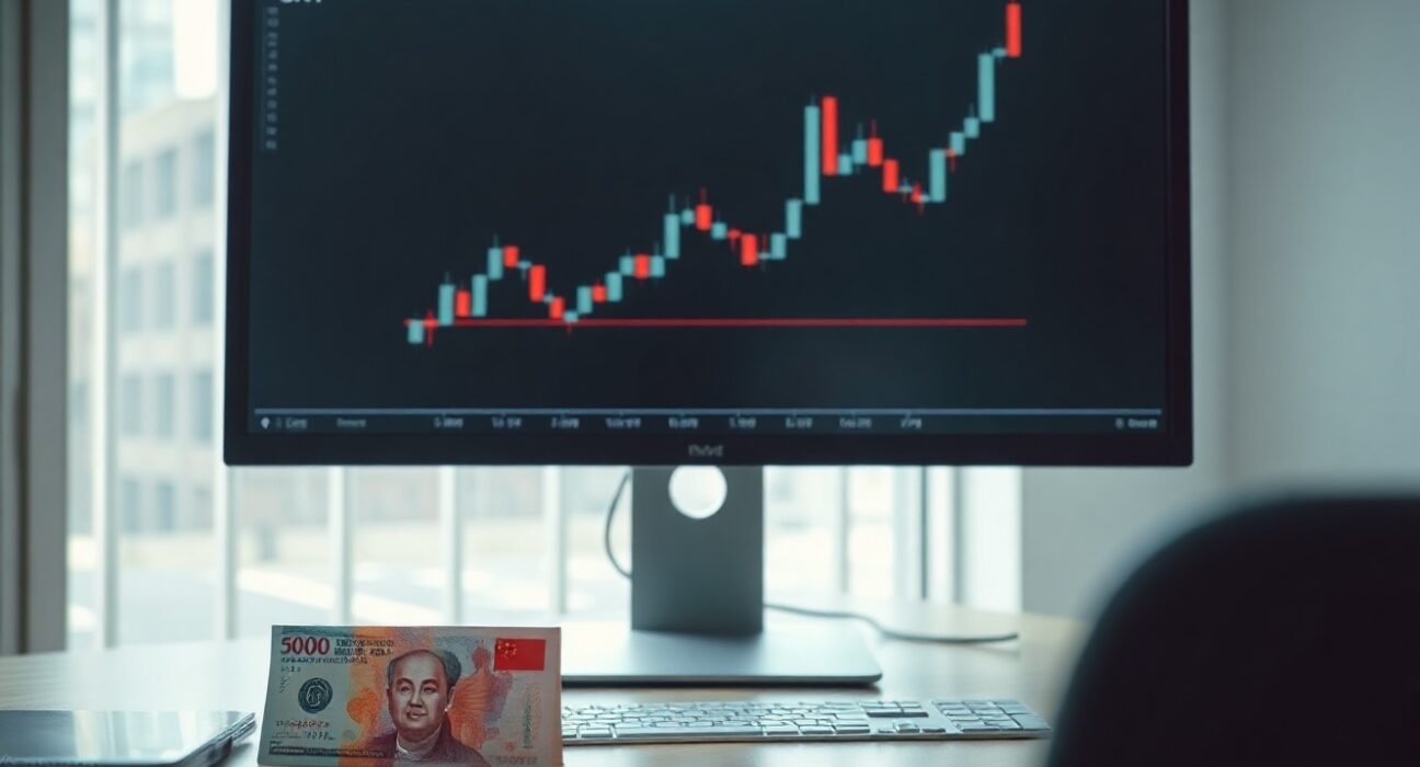 Analyst monitors USD/CNY exchange rate chart with yuan and dollar banknotes on desk