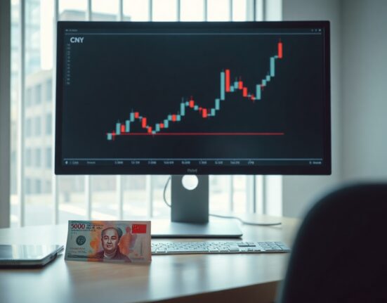 Analyst monitors USD/CNY exchange rate chart with yuan and dollar banknotes on desk