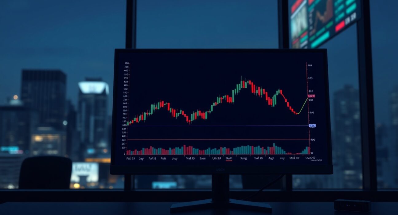 Forex trading monitor displaying USD/CNY chart with range-bound movement.